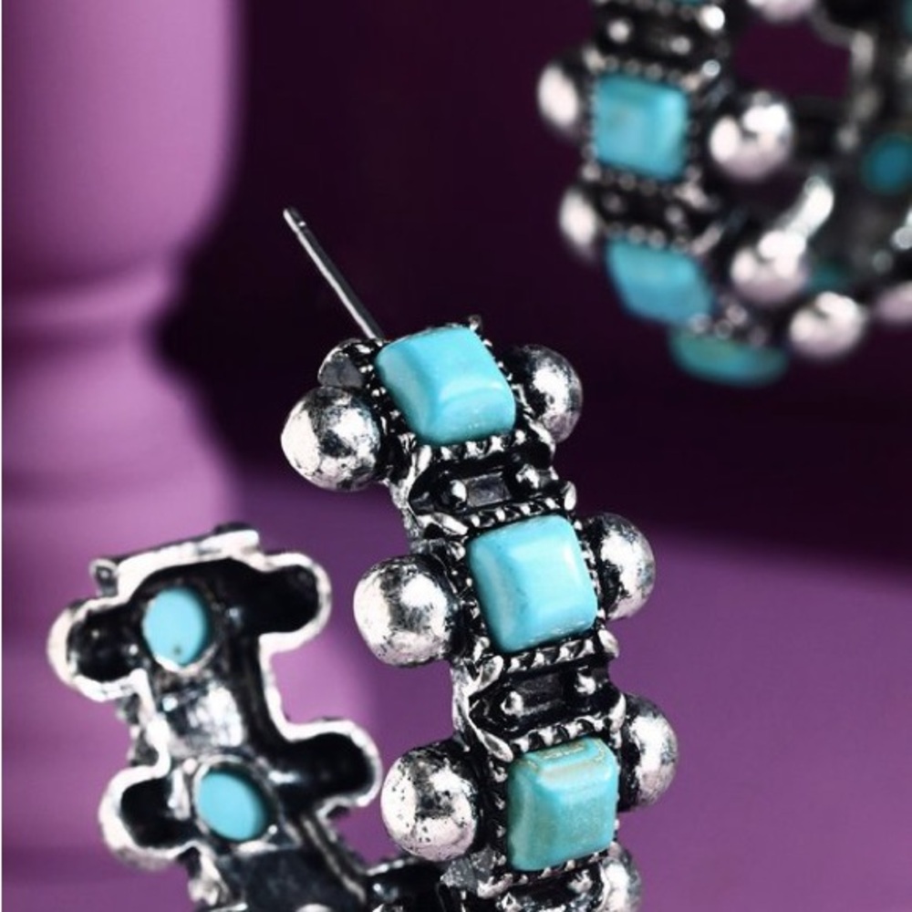 Turquoise Blue Natural Stone Hoop Earrings NWT